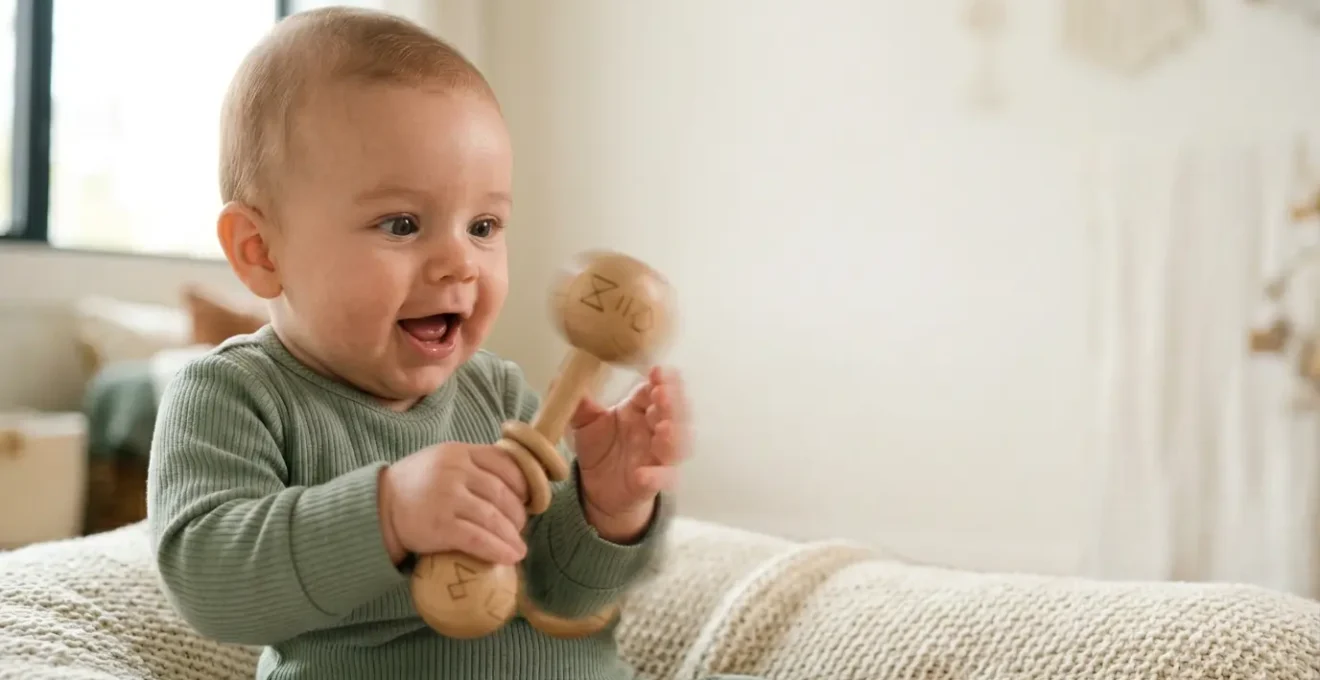 Close-up photograph of a four-month-old baby's face lighting up with joy and wonder while shaking a rattle, capturing the precise moment of cause-and-effect discovery