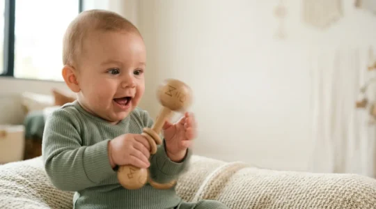 Close-up photograph of a four-month-old baby's face lighting up with joy and wonder while shaking a rattle, capturing the precise moment of cause-and-effect discovery