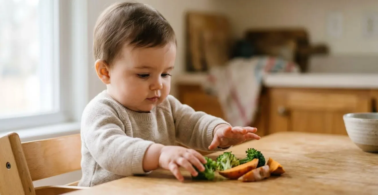 Close view of a baby's hands exploring fresh vegetables during the critical six-month milestone for solid food introduction