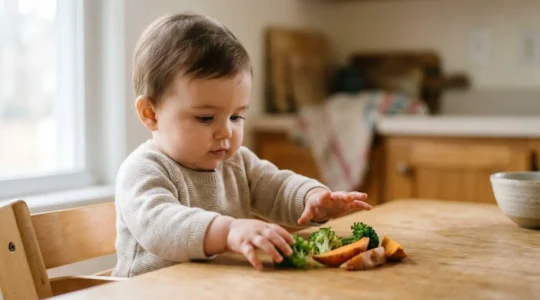 Close view of a baby's hands exploring fresh vegetables during the critical six-month milestone for solid food introduction