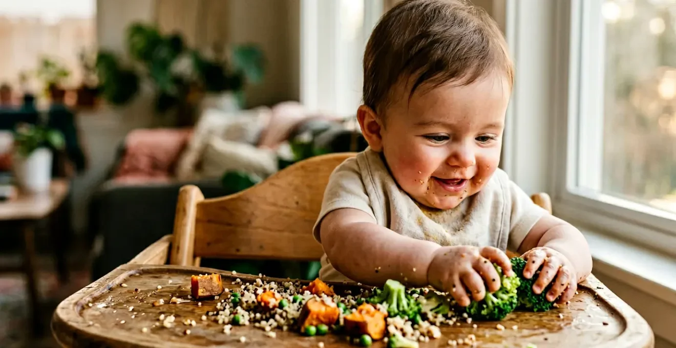 Close-up portrait of healthy six-month-old baby exploring solid foods naturally