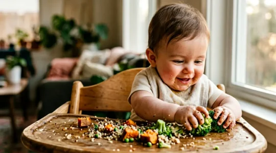 Close-up portrait of healthy six-month-old baby exploring solid foods naturally