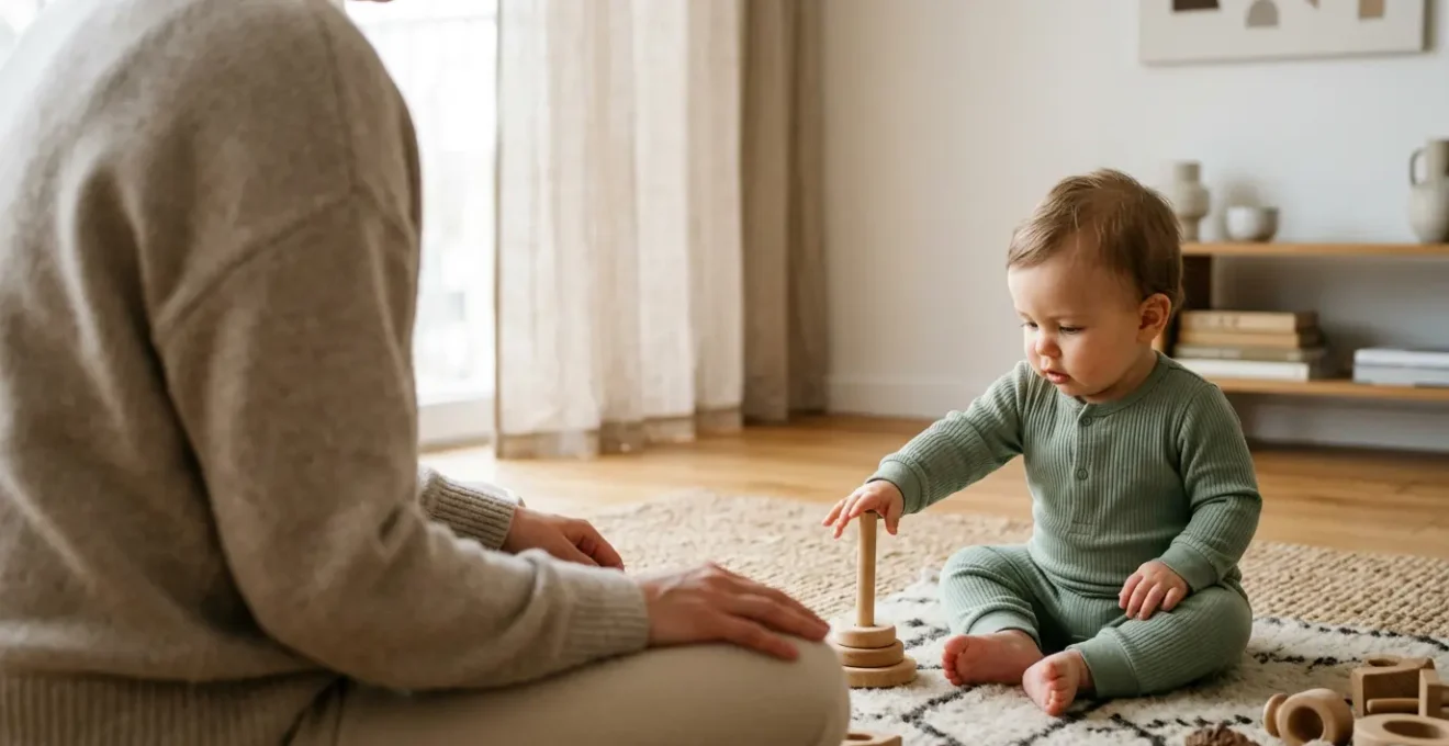 Peaceful moment of parent observing baby exploring naturally without apps or charts in warm home environment