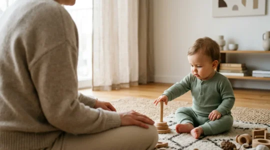 Peaceful moment of parent observing baby exploring naturally without apps or charts in warm home environment