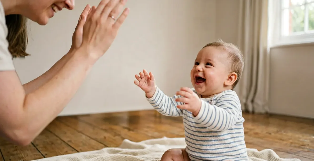 Infant playing peek-a-boo game demonstrating object permanence development milestone