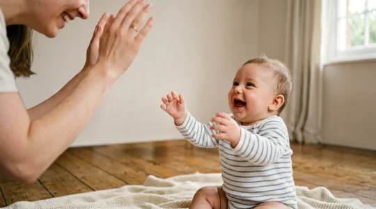 Infant playing peek-a-boo game demonstrating object permanence development milestone