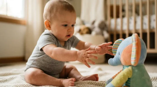 Close-up of baby's hand transitioning from jerky movement to controlled reaching