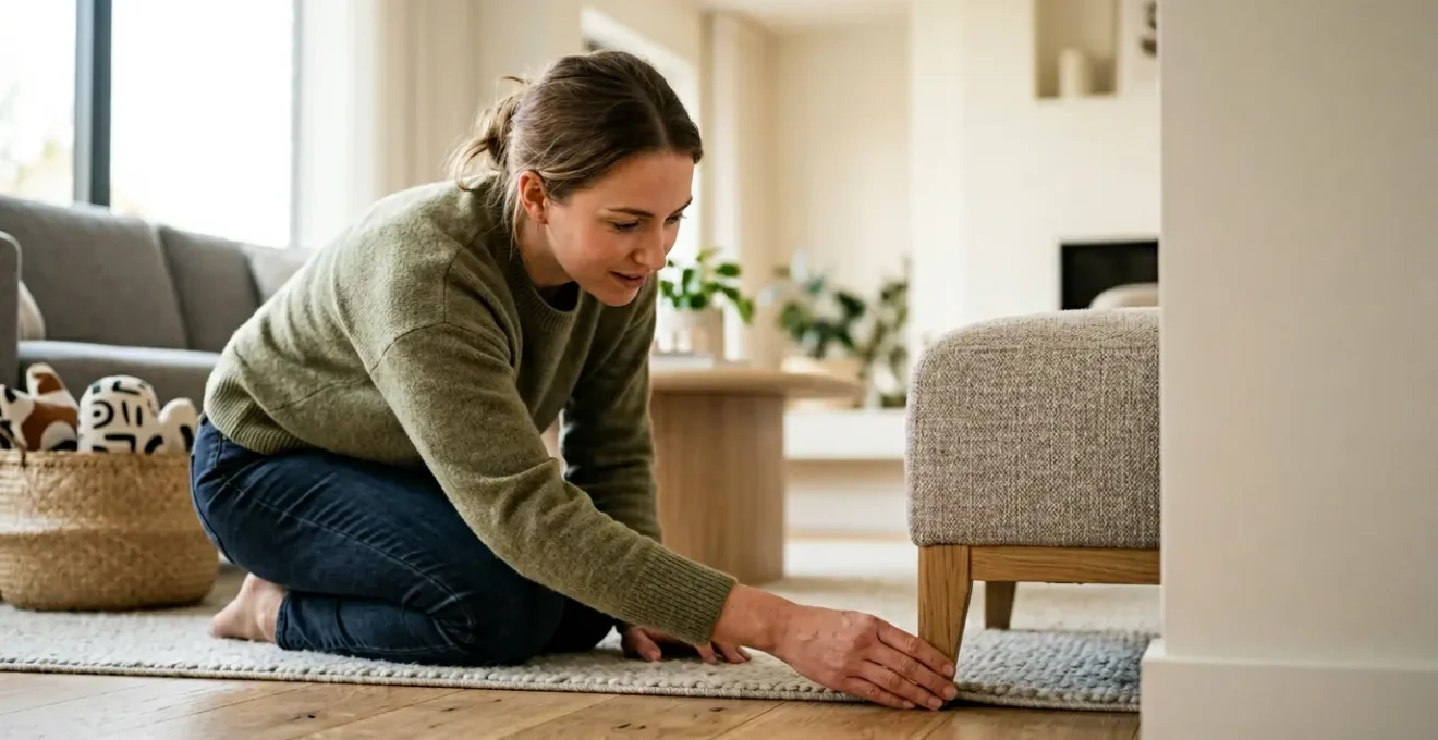 Parent kneeling at floor level examining household hazards from baby's perspective in naturally lit living room