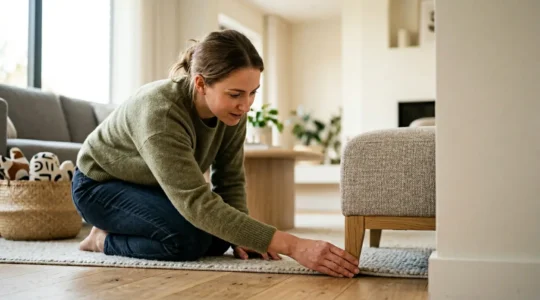 Parent kneeling at floor level examining household hazards from baby's perspective in naturally lit living room