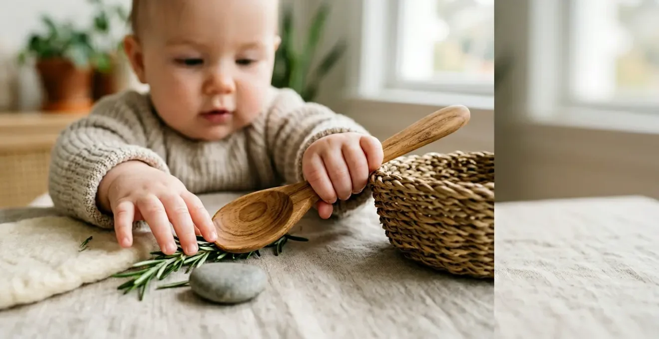 Infant exploring various natural textures and objects during sensory development play