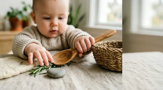 Infant exploring various natural textures and objects during sensory development play