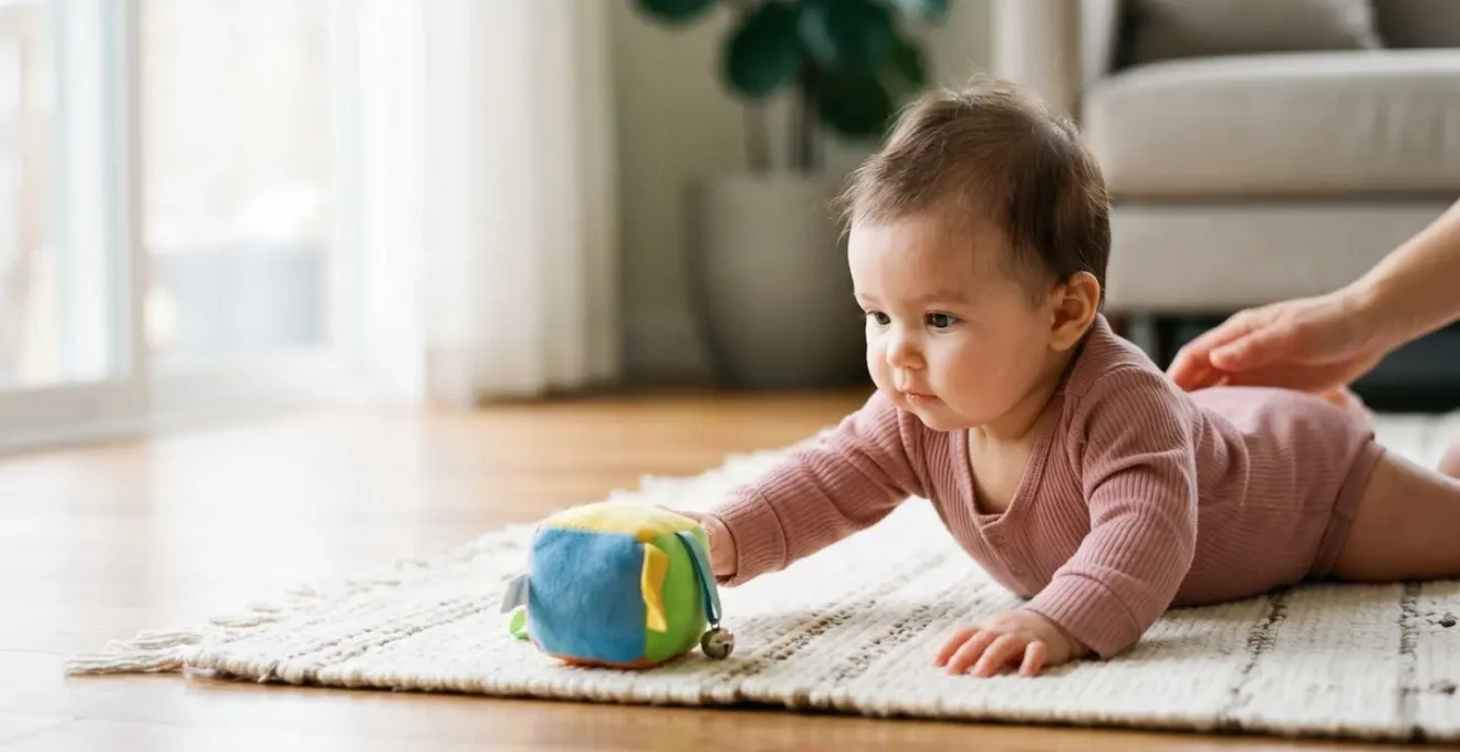 Baby practicing tummy time on floor to strengthen neck and back muscles for walking development