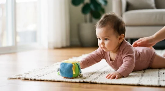 Baby practicing tummy time on floor to strengthen neck and back muscles for walking development