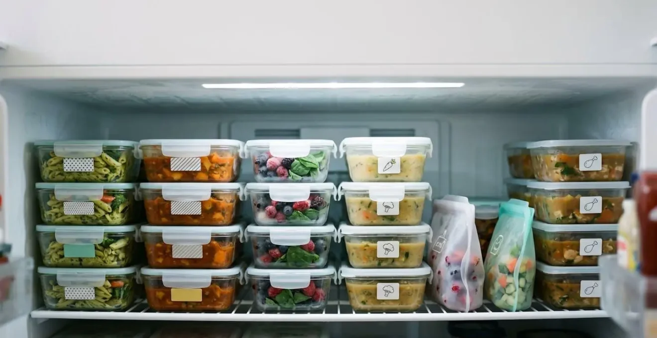 Organized freezer storage system with labeled meal containers ready for postpartum recovery