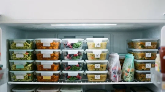 Organized freezer storage system with labeled meal containers ready for postpartum recovery
