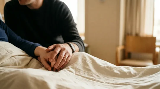 Birth partner providing supportive advocacy during labor in peaceful hospital setting
