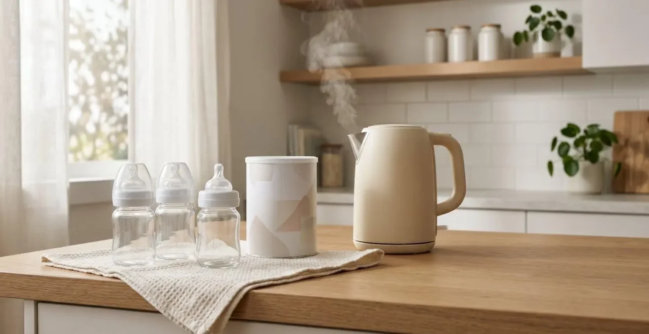 Professional editorial photograph showing infant feeding essentials arranged thoughtfully in a family kitchen environment