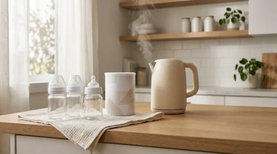 Professional editorial photograph showing infant feeding essentials arranged thoughtfully in a family kitchen environment