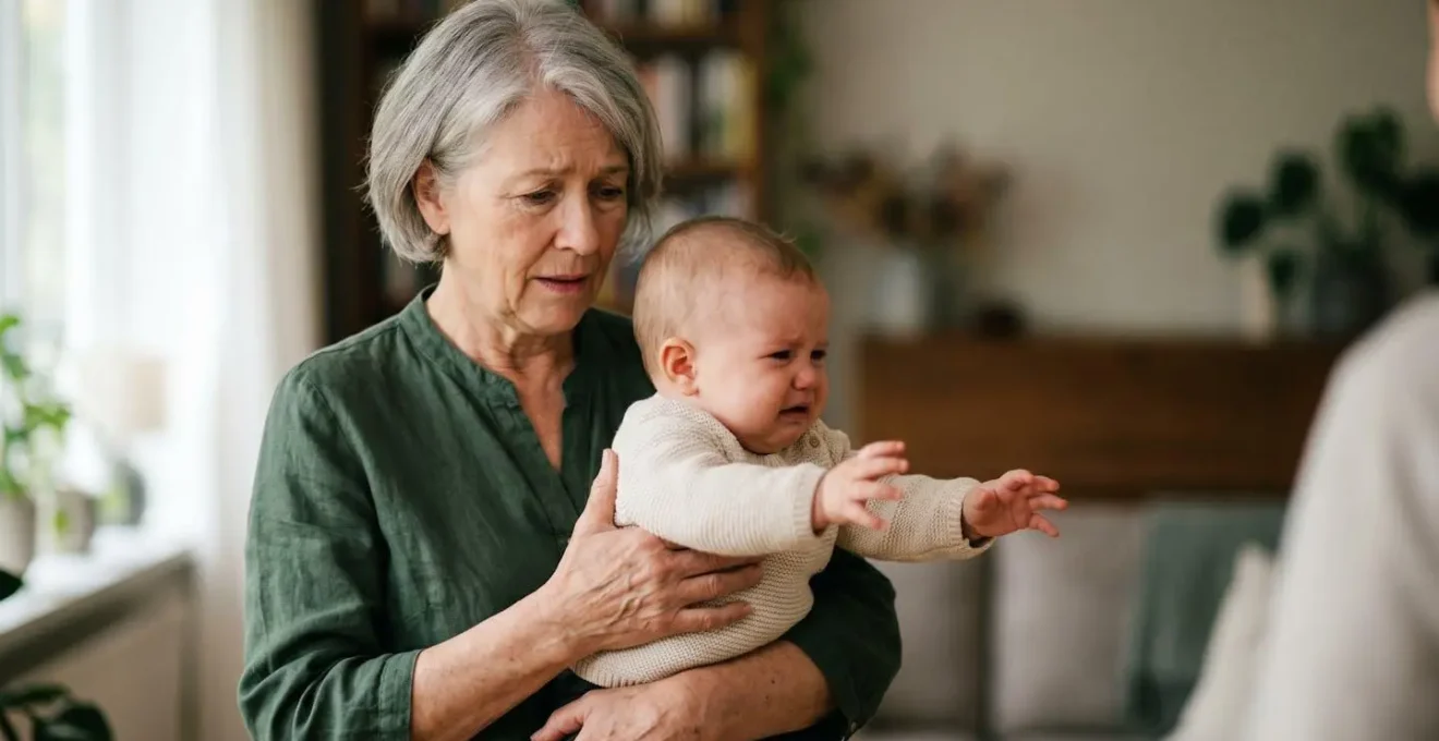 Emotional moment showing the natural developmental milestone of stranger anxiety in infants