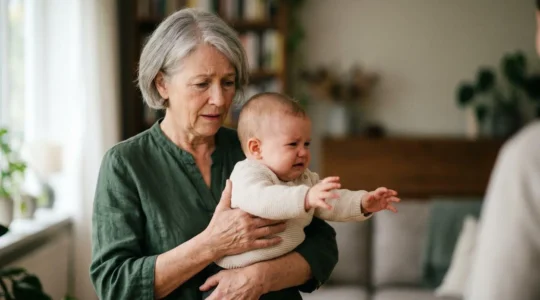 Emotional moment showing the natural developmental milestone of stranger anxiety in infants