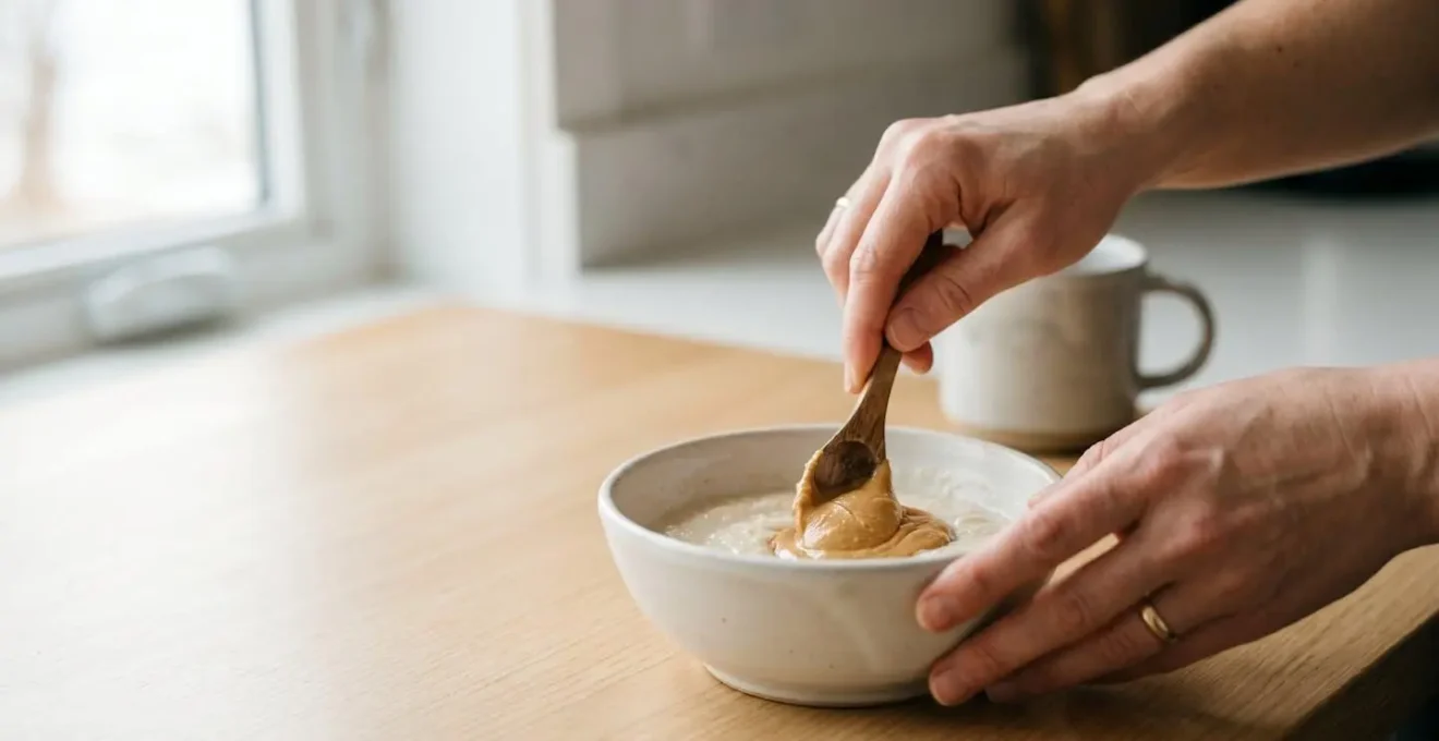 Close-up of a parent's hands carefully mixing smooth peanut butter into a bowl of pureed fruit for infant introduction