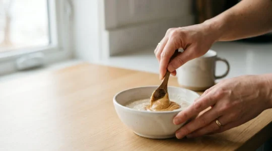 Close-up of a parent's hands carefully mixing smooth peanut butter into a bowl of pureed fruit for infant introduction
