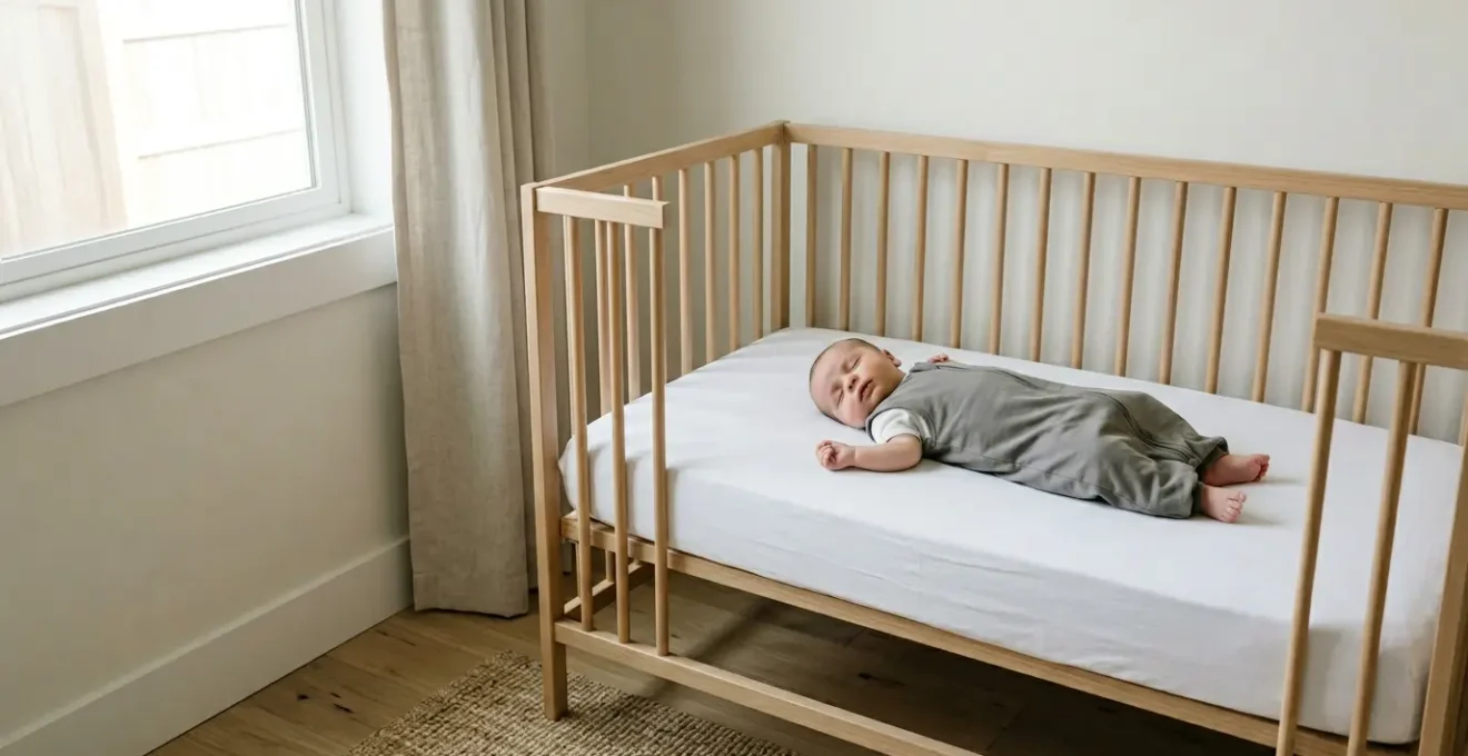 Peaceful nursery scene showing safe infant sleep environment with baby sleeping on back in clear crib