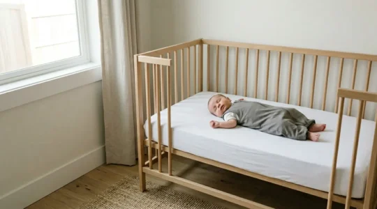 Peaceful nursery scene showing safe infant sleep environment with baby sleeping on back in clear crib