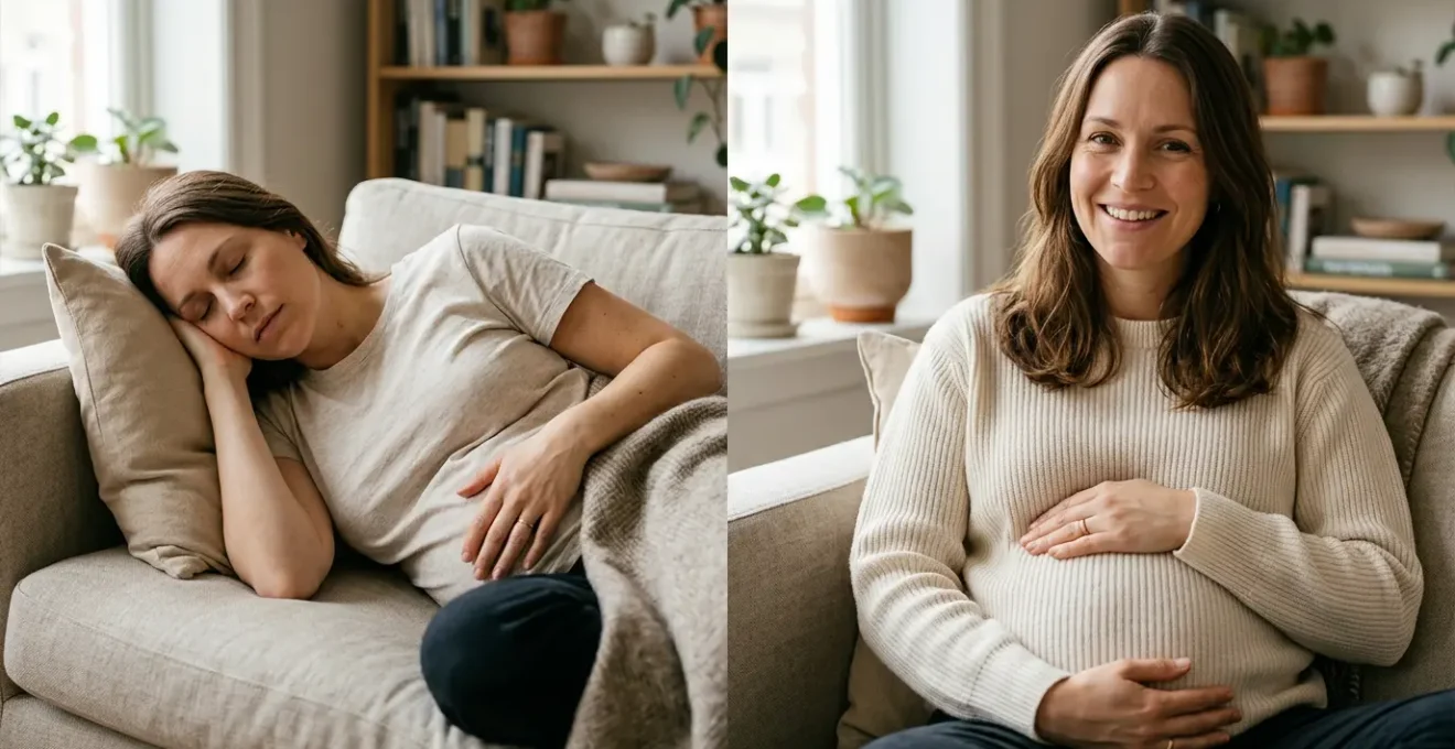 Pregnant woman experiencing first trimester exhaustion and later renewed energy