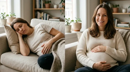 Pregnant woman experiencing first trimester exhaustion and later renewed energy