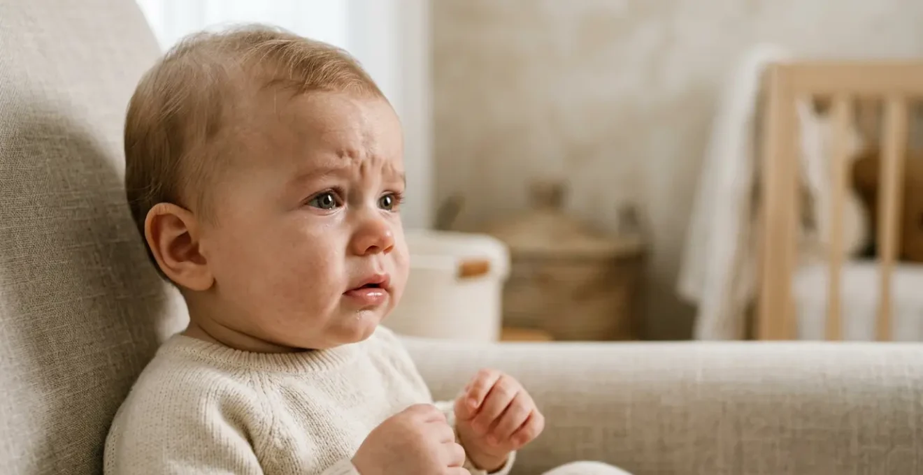Close-up portrait of a 10-month-old baby displaying genuine emotional response while hearing another infant cry in natural soft window light