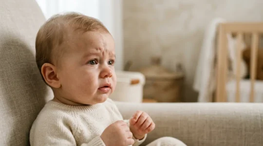 Close-up portrait of a 10-month-old baby displaying genuine emotional response while hearing another infant cry in natural soft window light