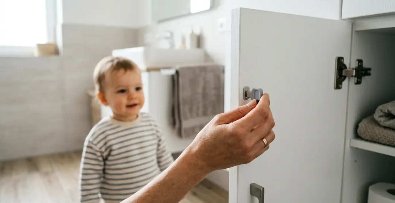 Close-up of a parent's hand using a magnetic key to unlock a childproofed cabinet door while a curious toddler watches from a safe distance
