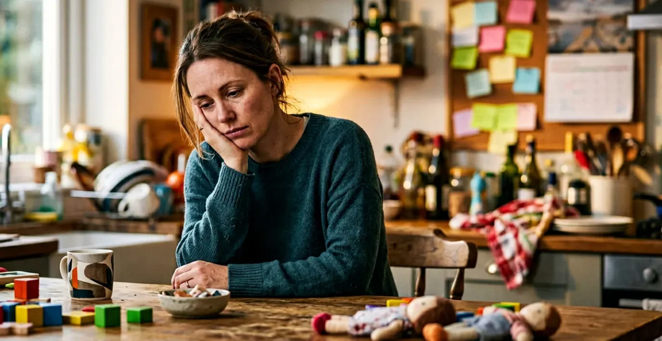 Exhausted mother surrounded by mental tasks and planning responsibilities