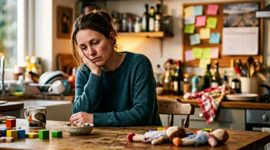 Exhausted mother surrounded by mental tasks and planning responsibilities