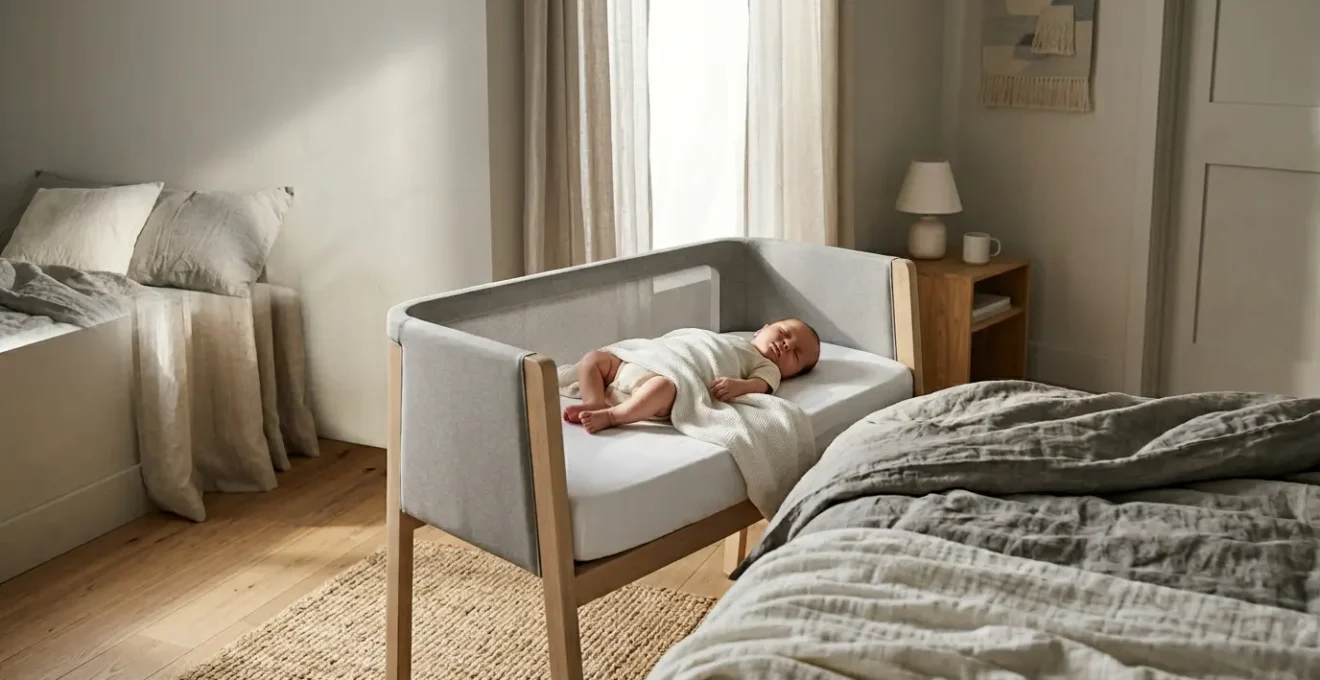 Peaceful newborn sleeping safely on back in minimalist bassinet next to parent's bed in softly lit bedroom