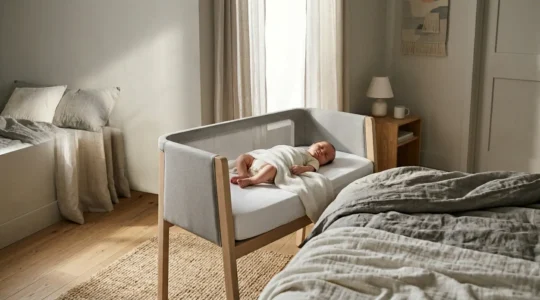 Peaceful newborn sleeping safely on back in minimalist bassinet next to parent's bed in softly lit bedroom