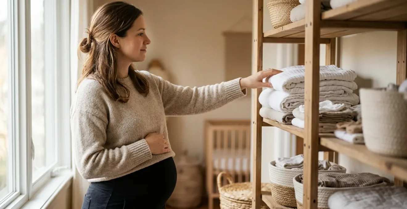 Pregnant woman organizing linen cupboard in third trimester showing nesting instinct before labour