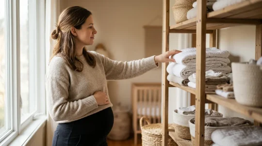 Pregnant woman organizing linen cupboard in third trimester showing nesting instinct before labour