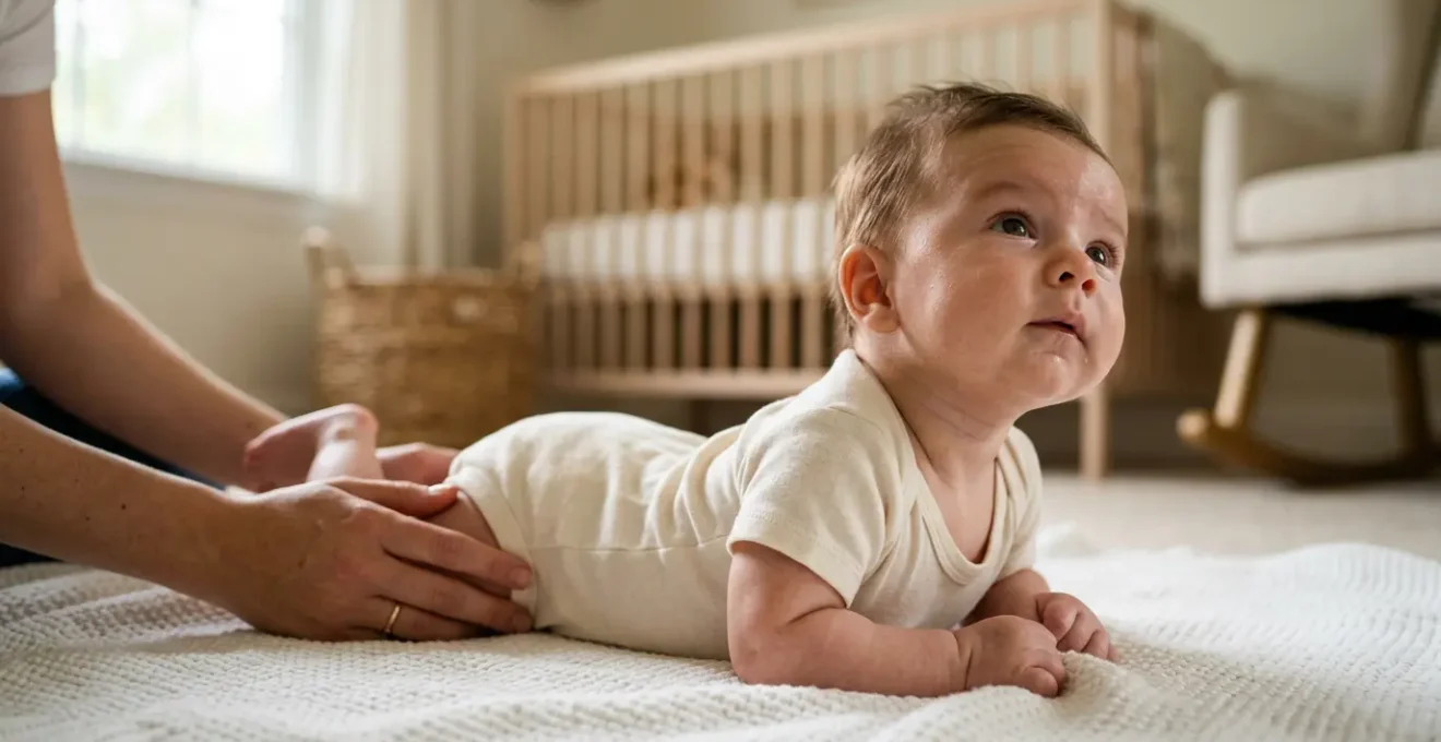 Newborn baby practicing head control during tummy time with caregiver support