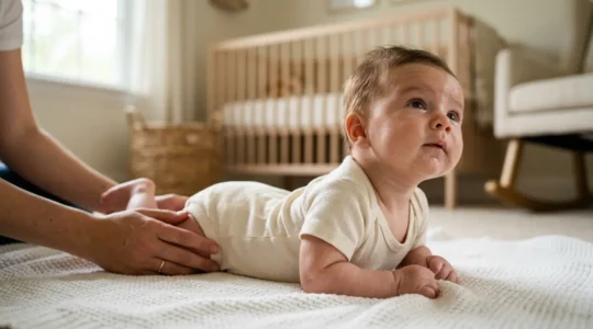 Newborn baby practicing head control during tummy time with caregiver support