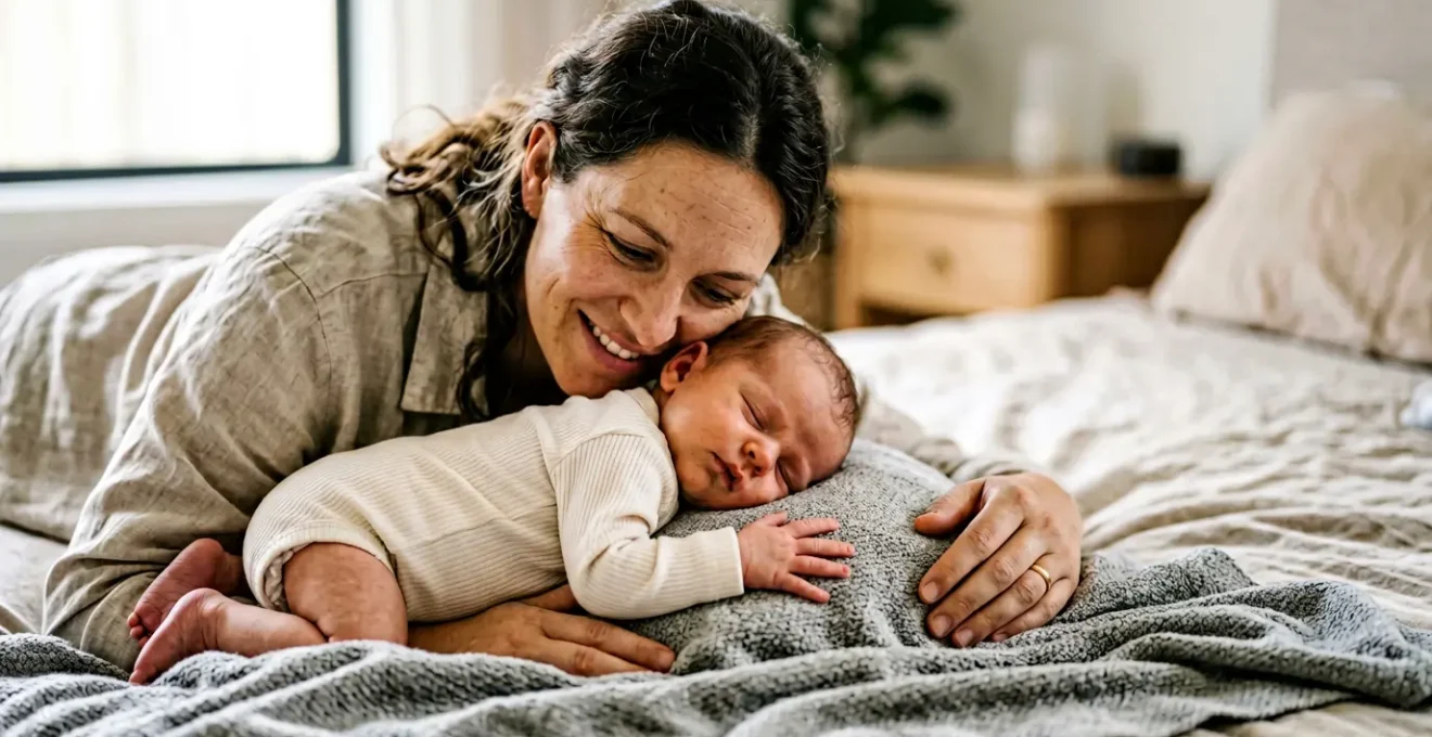 Newborn baby practicing tummy time on parent's chest during early developmental milestone exercise