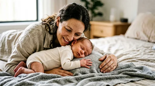 Newborn baby practicing tummy time on parent's chest during early developmental milestone exercise