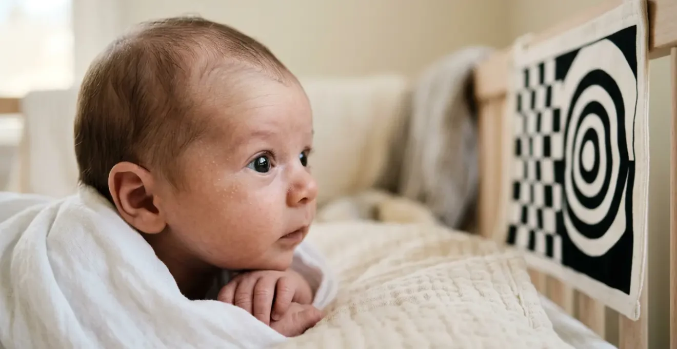 Close-up of a newborn baby gazing intently at a high-contrast black and white card at optimal viewing distance