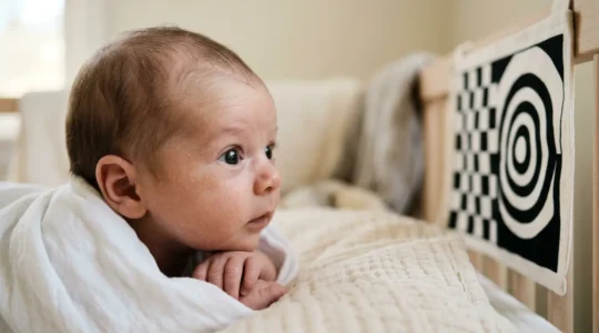 Close-up of a newborn baby gazing intently at a high-contrast black and white card at optimal viewing distance