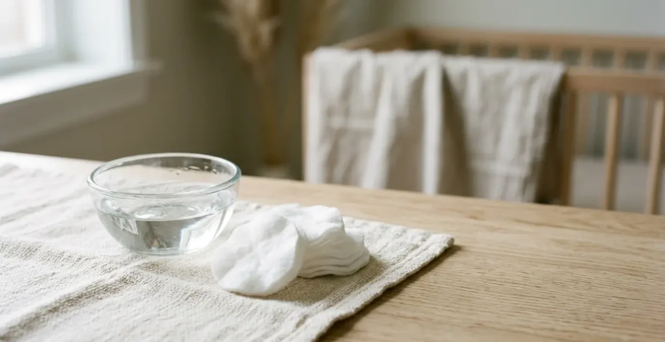Close-up view of soft cotton wool pads beside a glass bowl of pure water on a clean minimalist surface with gentle natural lighting