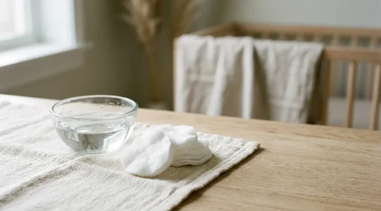 Close-up view of soft cotton wool pads beside a glass bowl of pure water on a clean minimalist surface with gentle natural lighting