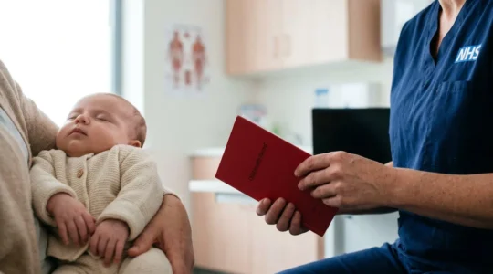 A newborn baby being gently cradled during a health visitor consultation, symbolizing precise timing of NHS vaccination schedule