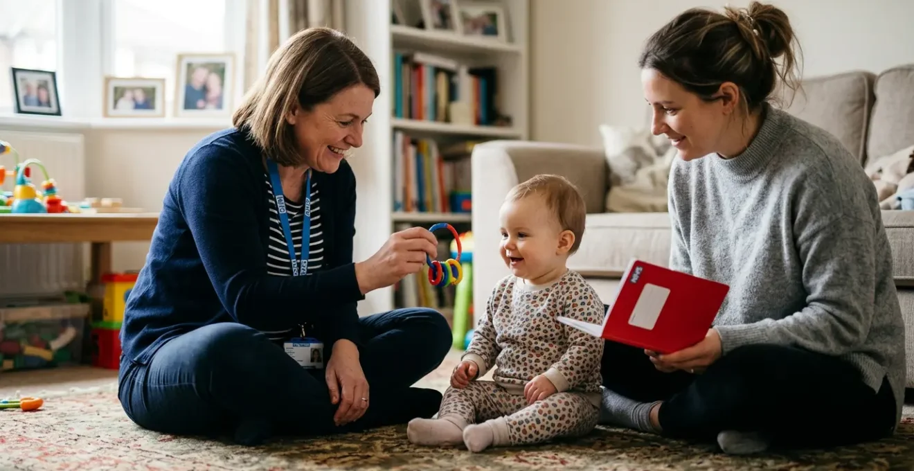 Health visitor conducting developmental assessment with parent and baby in home setting