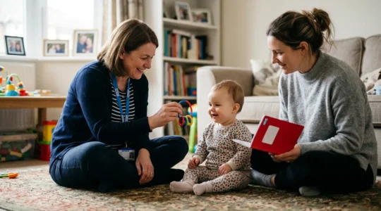Health visitor conducting developmental assessment with parent and baby in home setting
